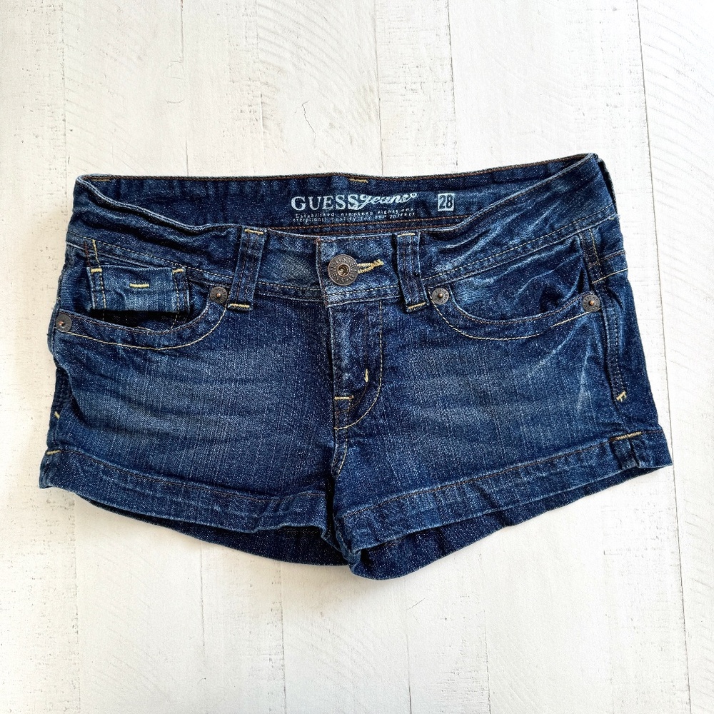 Guess Denim 5 Pocket Short W28 Distressed Dark Embroidered Pockets